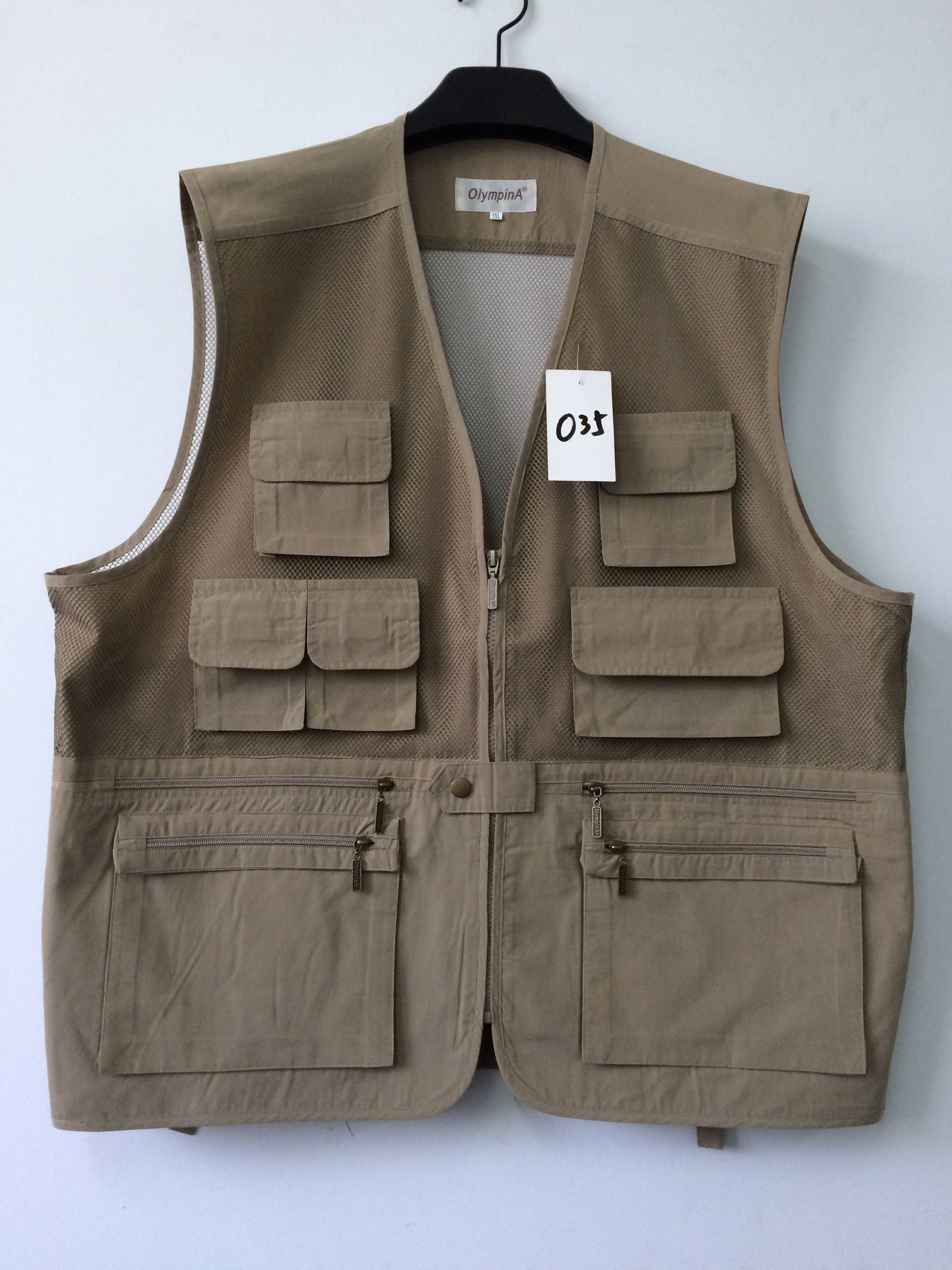 Fishing vest 035 in taffeta fabric, khaki color, water proof, quick dry