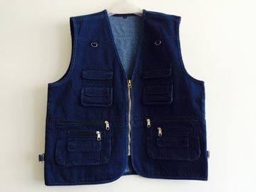 mens vest in 100% cotton, denim, jean, blue, fishing vest, S-3XL
