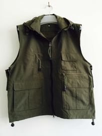 Fishing vest 033 with hood in taslan fabric, olive green color, water proof, quick dry, S-3XL