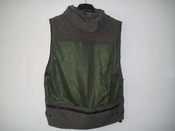 Fishing vest 033 with hood in taslan fabric, olive green color, water proof, quick dry, S-3XL