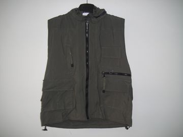 Fishing vest 033 with hood in taslan fabric, olive green color, water proof, quick dry, S-3XL