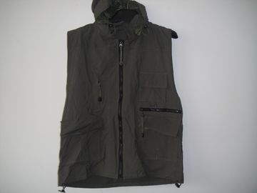 Fishing vest 033 with hood in taslan fabric, olive green color, water proof, quick dry, S-3XL