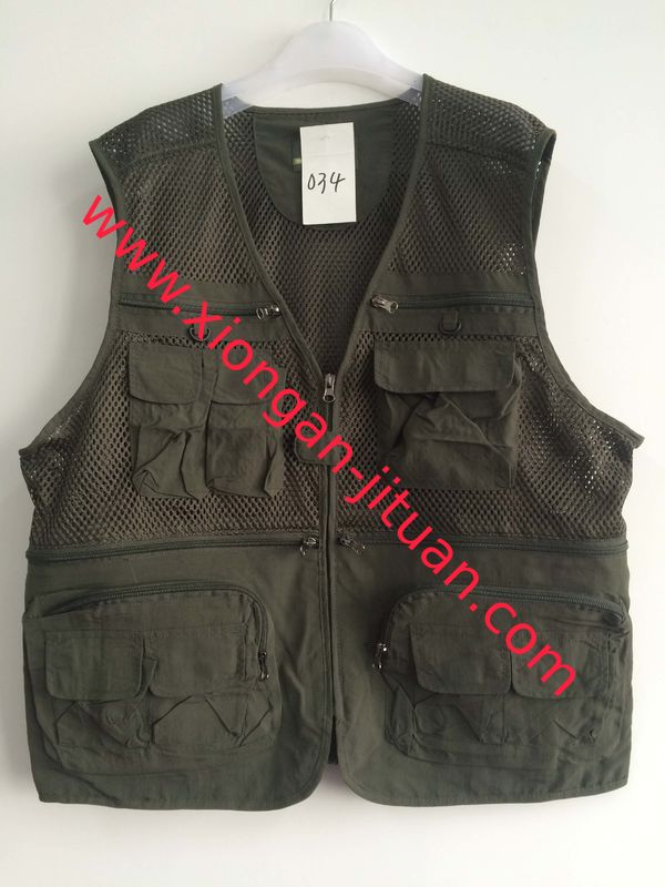 Fishing vest 034 in taslan fabric, olive green color, water proof, quick dry, S-3XL