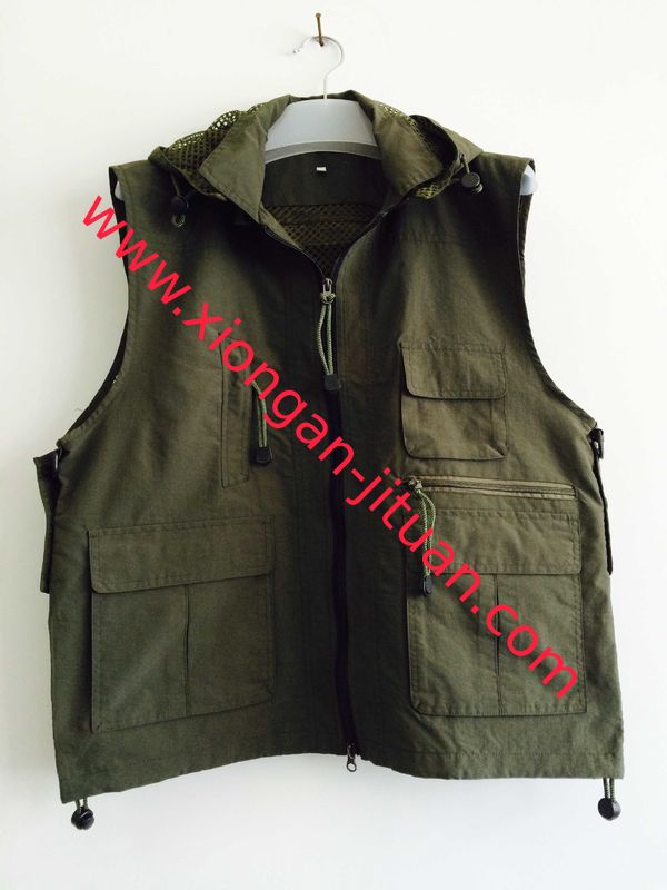 Fishing vest 033 with hood in taslan fabric, olive green color, water proof, quick dry, S-3XL