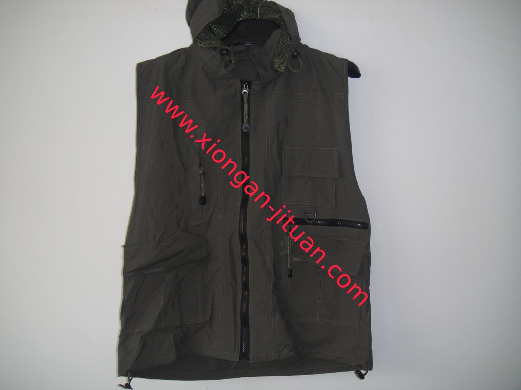 Fishing vest 033 with hood in taslan fabric, olive green color, water proof, quick dry, S-3XL