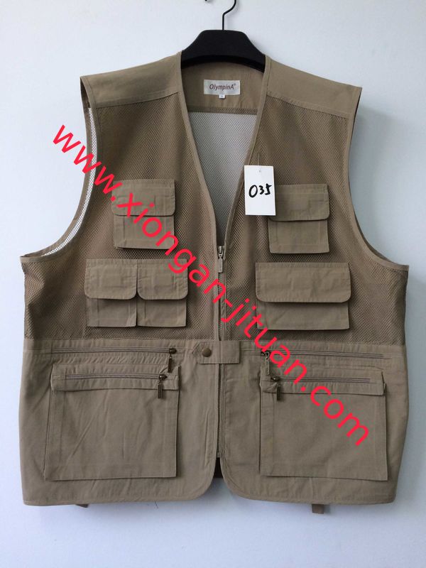 Fishing vest 035 in taffeta fabric, khaki color, water proof, quick dry function, S-3XL